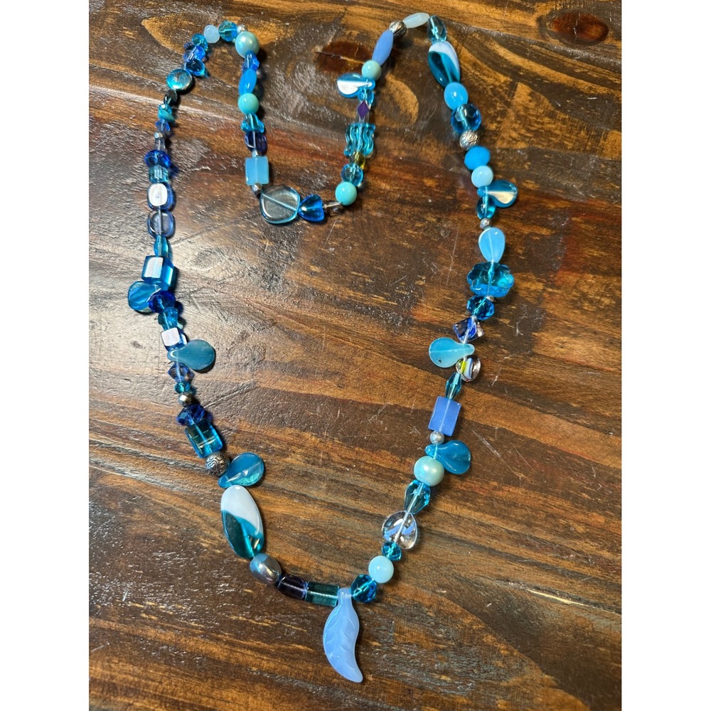 Blue Mixed Bead Necklace Turquoise Glass Acrylic Feather Pendant Boho 32 Inch